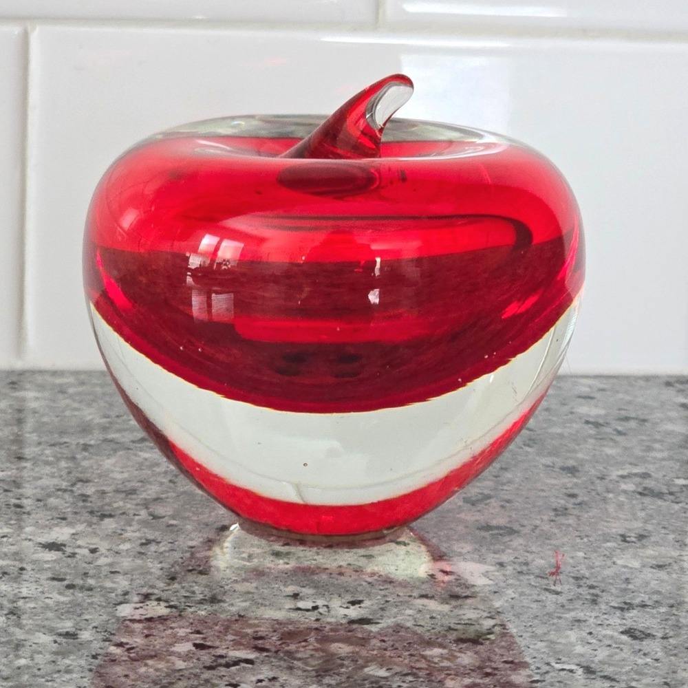 Handcrafted Art Glass Apple Paperweight Red Clear MCM Controlled Bubble Gift